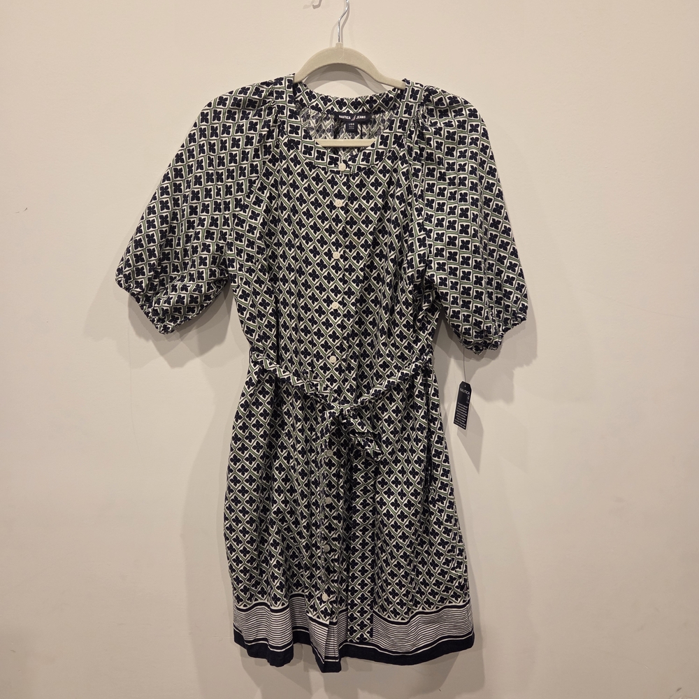 Nautica Navy and White Printed Puff-Sleeve Tie-Waist Mini Dress